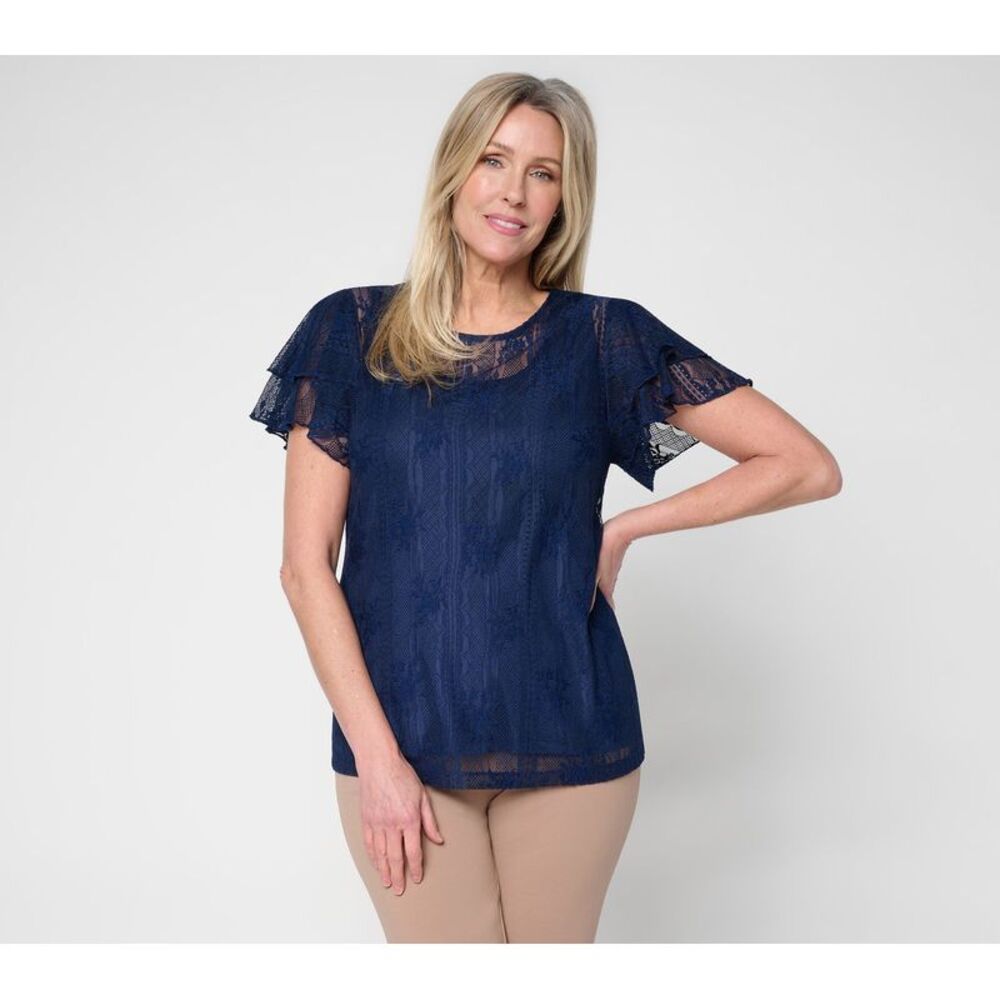 Susan Graver Women's Top Sz XL Lace Flutter Sleeve Scoop Neck Blue